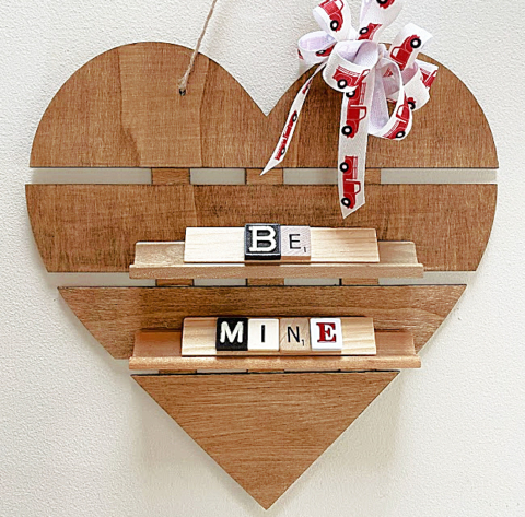 heart shelf with scrabble letters