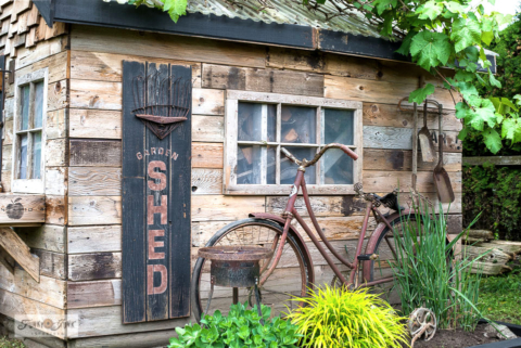 Garden shed sign with easy flower bed edging