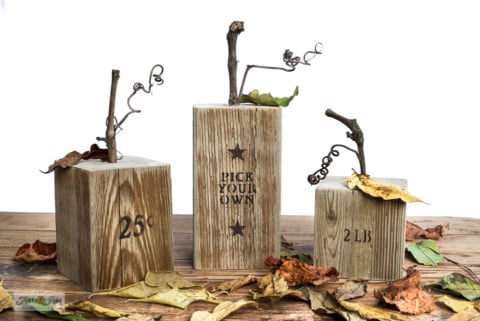 Wood pumpkins with Pumpkin Patch sign using fall stencils