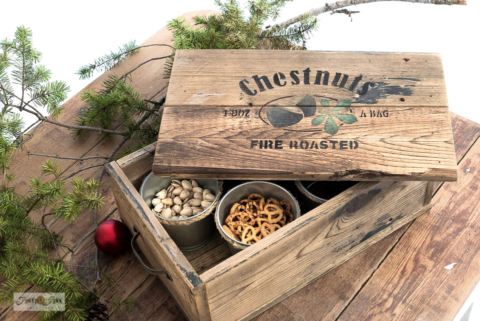 DIY wood crate snack box for serving nuts Chestnuts stencil