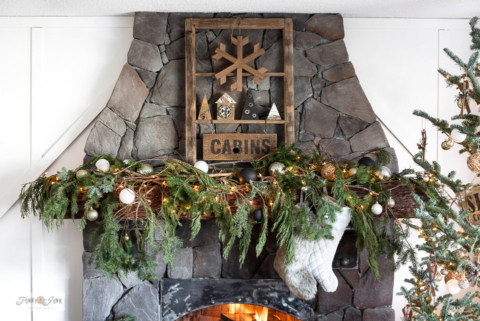 DIY wooden village Christmas mantel