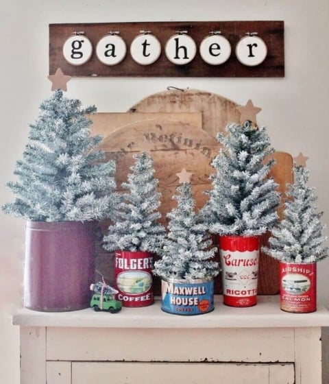 farmhouse Christmas trees in vintage tins