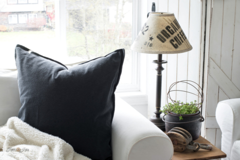 DIY lamp makeover with a coffee cloth sack shade