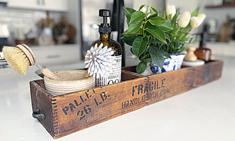 stenciled kitchen crate organizer top