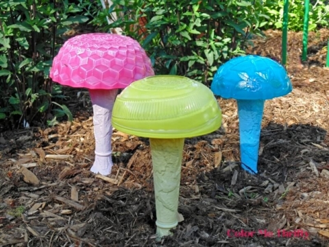 DIY garden mushrooms with repurposed bowls and vases