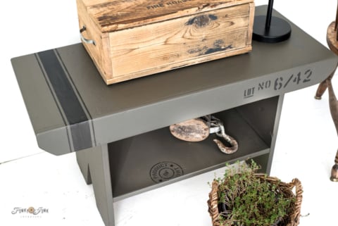 Wooden crate on a painted bench turned side table with storage