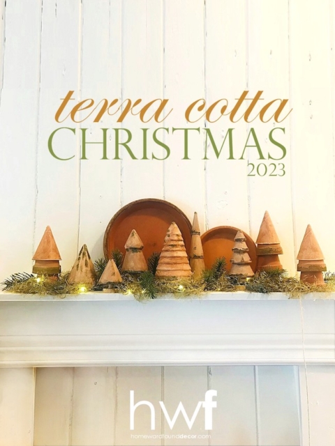 Terra Cotta Christmas trees mantel