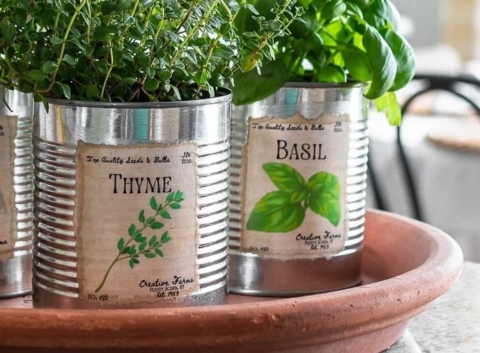 vintage inspired herb tin can planters
