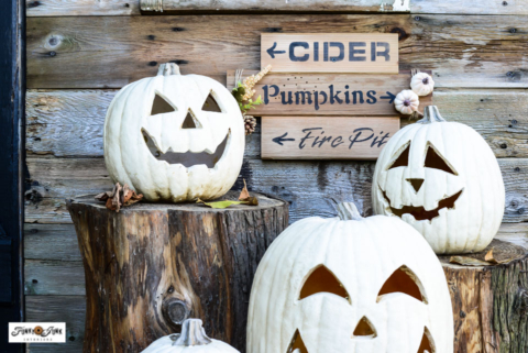 fall decorating ideas of a mini fall directional sign and white pumpkins