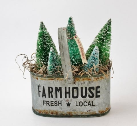 bottle brush trees in a galvanized tote