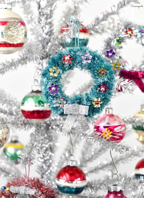 tinsel wreath ornaments with mason jar lids