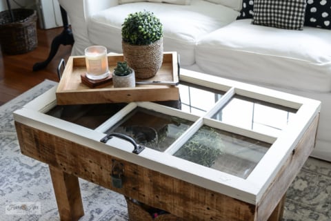 old window wood coffee table with storage showcase