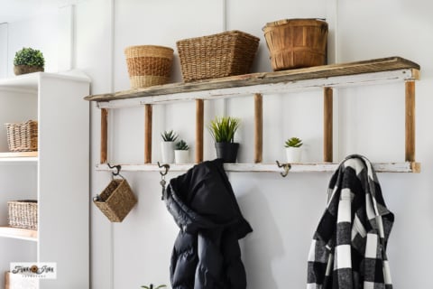 old wooden ladder coat hooks with shelf for front entry