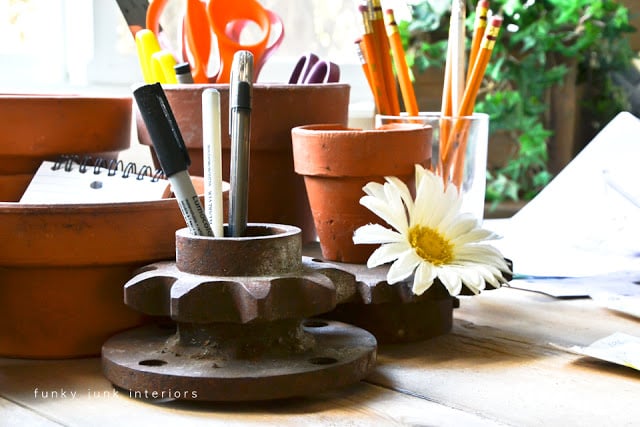 Office junk organizer of pots and gears via Funky Junk Interiors